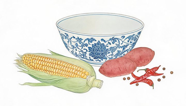 卷六题花:明代青花碗与玉米、番薯、红辣椒